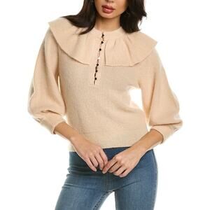 Ba&sh Hoa Pullover Cotton Wool Mohair Ruffle 3/4 Balloon Sleeve Sweater, Cream